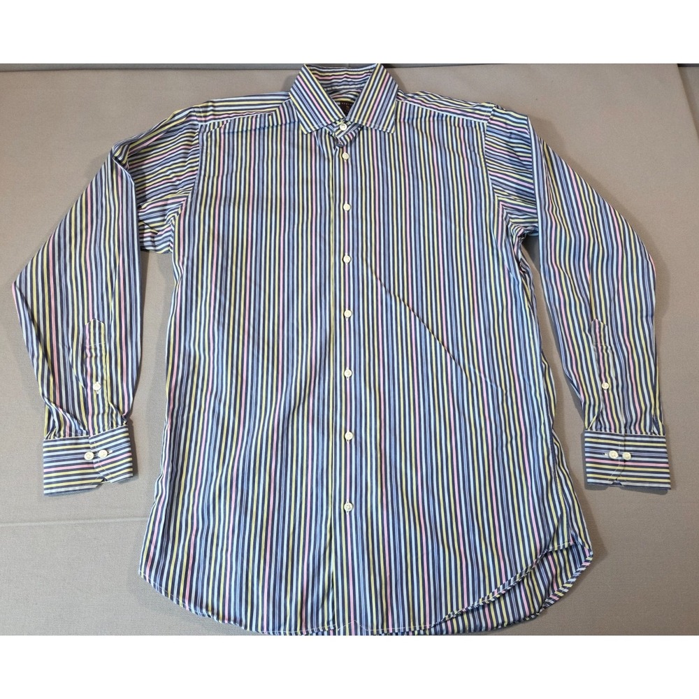 Robert Talbott Estate Mens M Navy Multi Stripe Cotton Button Shirt USA